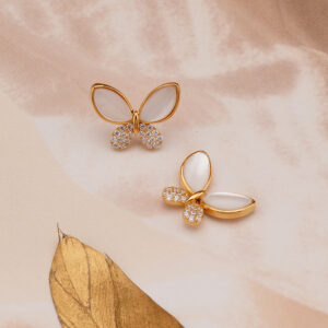 AGOR 925 Silver Butterfly Stud Earrings with White Enamel & CZ Accents