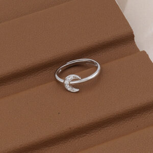AGOR 925 Silver Crescent Moon Adjustable Ring - Dainty CZ Charm