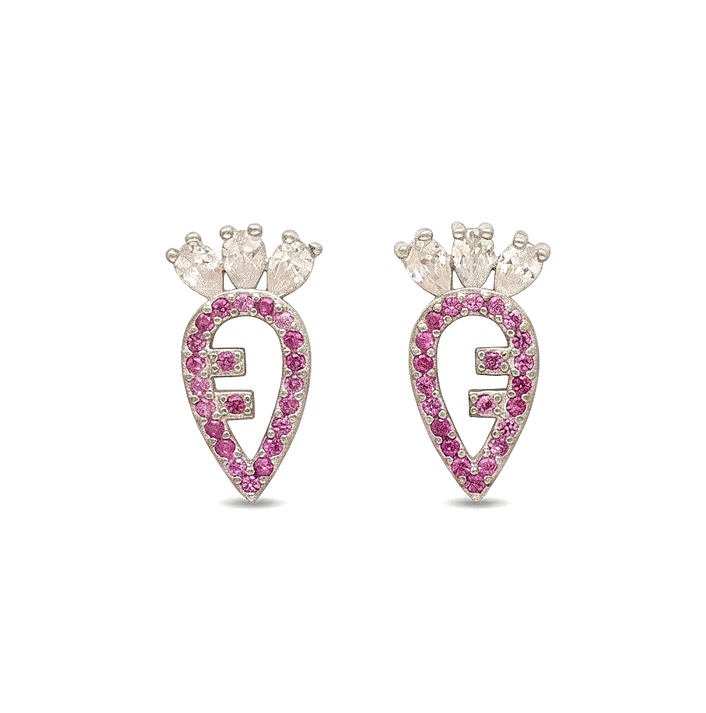 925 Sterling Silver Pink Carrot Stud Earrings Stone Accents Rhodium Finish Jewellery