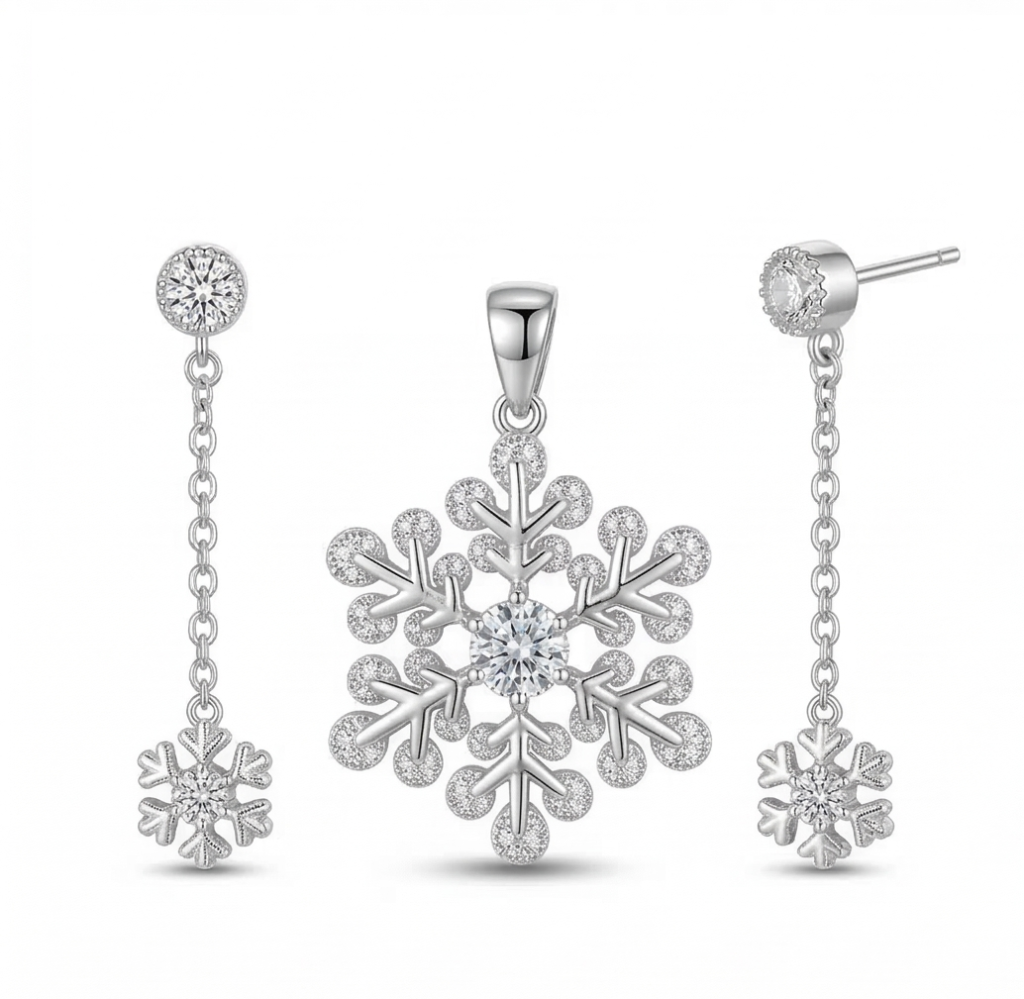 925 Sterling Silver Snowflake Chain Drop Pendant Set Rhodium Finish Jewellery