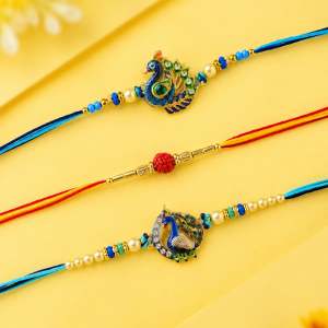 DivoRama Set of 3 Rakhis for Brother | 2 Mor (Peacock) Designer Rakhi & Rudraksha Accent Rakhi | Fancy Rakhi for Bhaiya Bhai | Raksha Bandhan 2026 Thread Rakhi Combo of 3