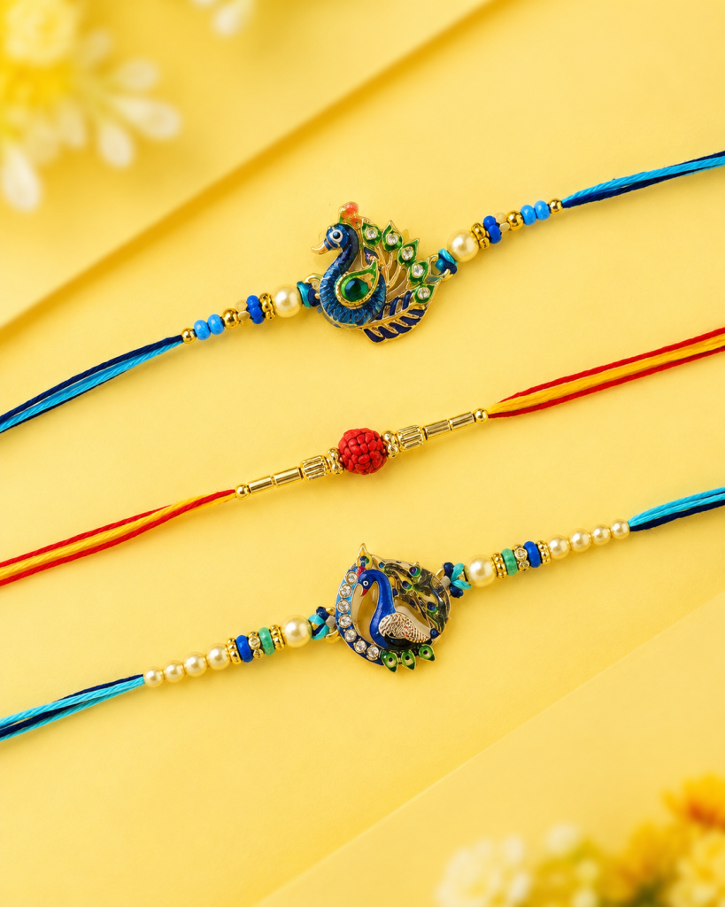 DivoRama Set of 3 Rakhis for Brother | 2 Mor (Peacock) Designer Rakhi & Rudraksha Accent Rakhi | Fancy Rakhi for Bhaiya Bhai | Raksha Bandhan 2026 Thread Rakhi Combo of 3