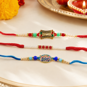 DivoRama Set of 3 Rakhis for Brother | Antique Gold BRO & BROTHER Message Rakhi with Pearl Rakhi | Designer Fancy Rakhi for Bhaiya Bhai | Raksha Bandhan 2026 Thread Rakhi