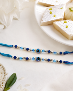 DivoRama Set of 2 Evil Eye Rakhi for Brother | Delicate Blue Nazariya Bead Rakhi with Silver Accents | Designer Nazar Rakhi for Bhaiya Bhai | Raksha Bandhan 2026 Thread Rakhi