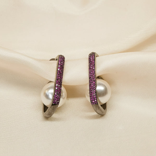 Rosy Curve Pink Stone Pearl Earrings | Minimal Party Wear