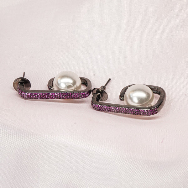 Rosy Curve Pink Stone Pearl Earrings | Minimal Party Wear