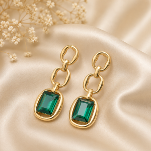 Emerald Link Earrings - Geometric Green Crystal Gold Drops