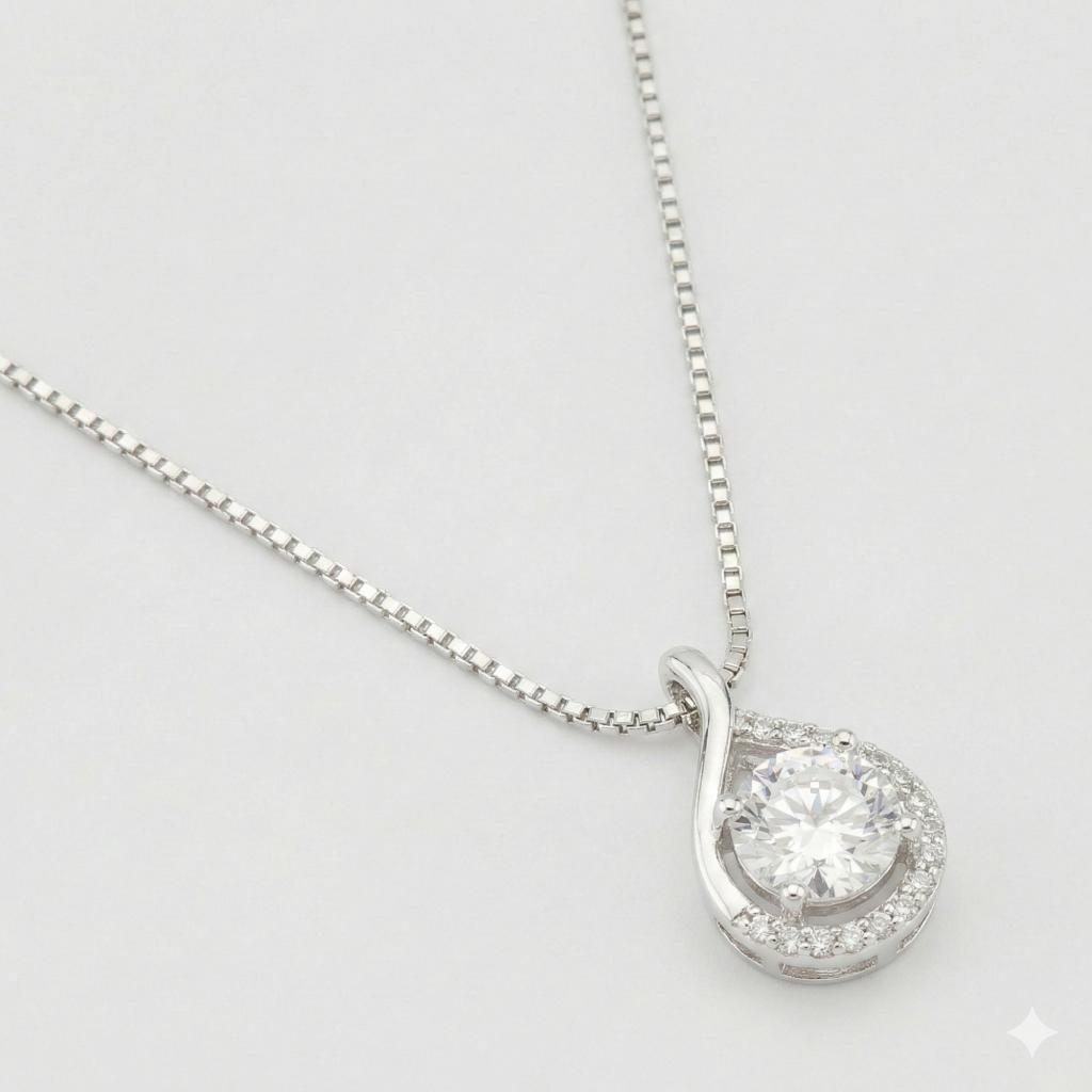 AGOR 925 Sterling Silver Teardrop Solitaire Pendant Necklace Jewellery for Women High Polish Rhodium Finish with Box Chain