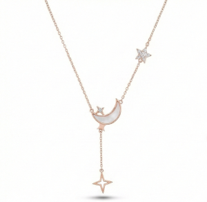 AGOR 925 Sterling Silver Rose Gold Plated Celestial MOP Moon and Star Lariat Necklace Jewellery