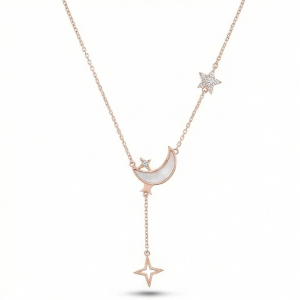 AGOR 925 Sterling Silver Rose Gold Plated Celestial MOP Moon and Star Lariat Necklace Jewellery