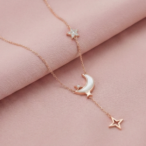 AGOR 925 Sterling Silver Rose Gold Plated Celestial MOP Moon and Star Lariat Necklace Jewellery