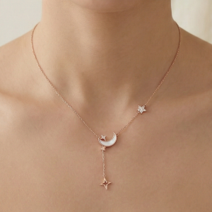 AGOR 925 Sterling Silver Rose Gold Plated Celestial MOP Moon and Star Lariat Necklace Jewellery