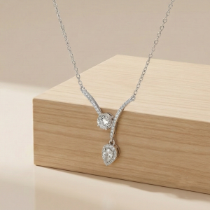 AGOR 925 Sterling Silver Elegant Asymmetric Pear Drop Necklace Jewellery with Rhodium Finish