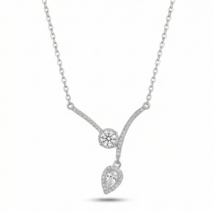 AGOR 925 Sterling Silver Elegant Asymmetric Pear Drop Necklace Jewellery with Rhodium Finish