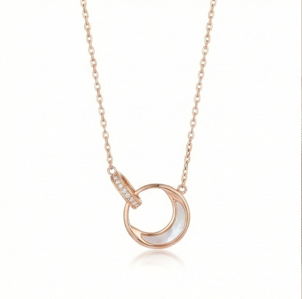 AGOR 925 Sterling Silver Rose Gold Plated Interlocking Double Circle MOP Pendant Necklace Jewellery