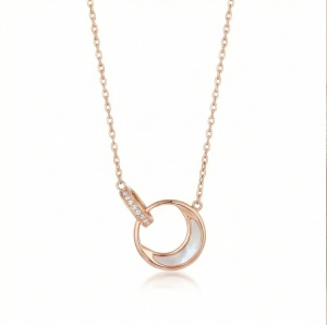 AGOR 925 Sterling Silver Rose Gold Plated Interlocking Double Circle MOP Pendant Necklace Jewellery