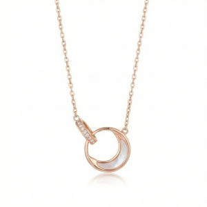 AGOR 925 Sterling Silver Rose Gold Plated Interlocking Double Circle MOP Pendant Necklace Jewellery