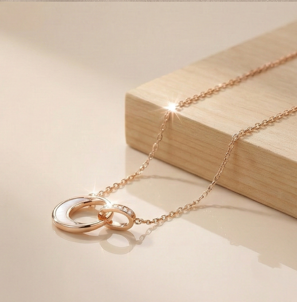 AGOR 925 Sterling Silver Rose Gold Plated Interlocking Double Circle MOP Pendant Necklace Jewellery