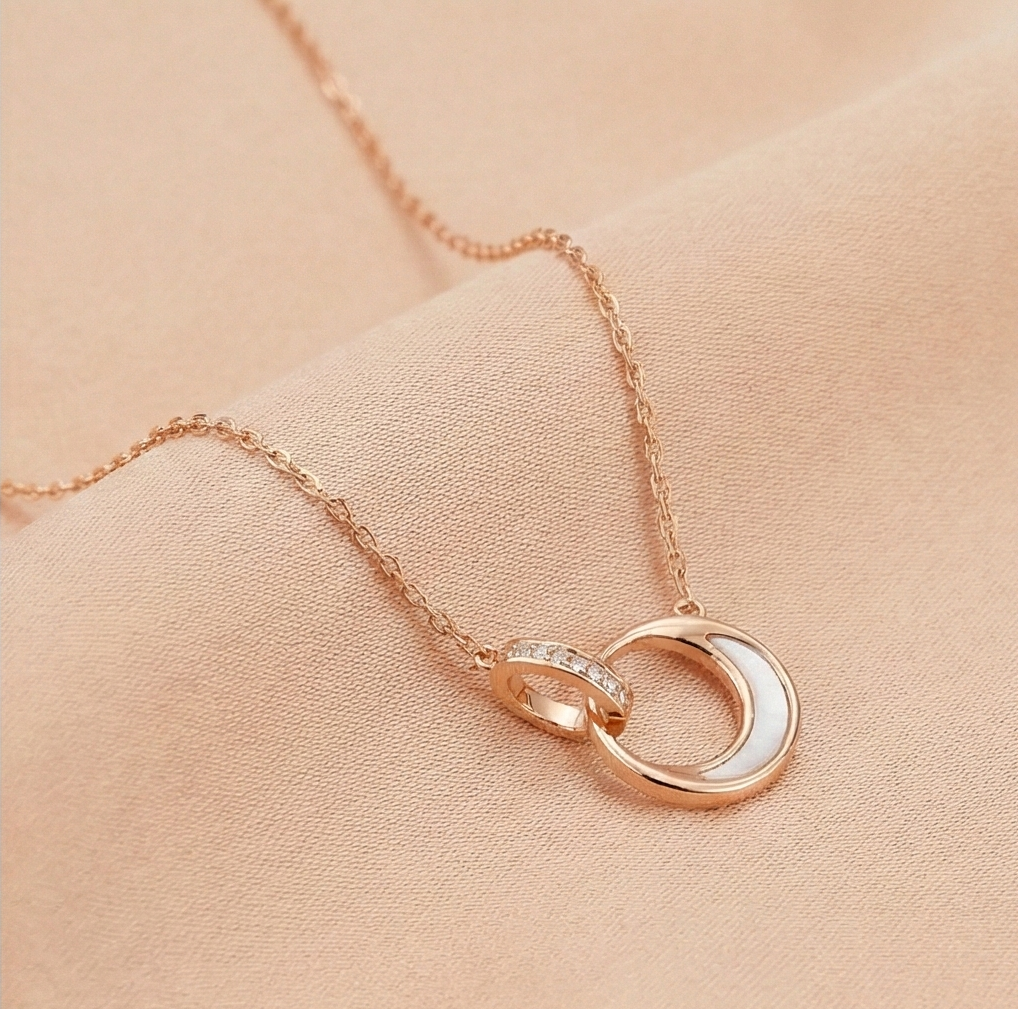AGOR 925 Sterling Silver Rose Gold Plated Interlocking Double Circle MOP Pendant Necklace Jewellery