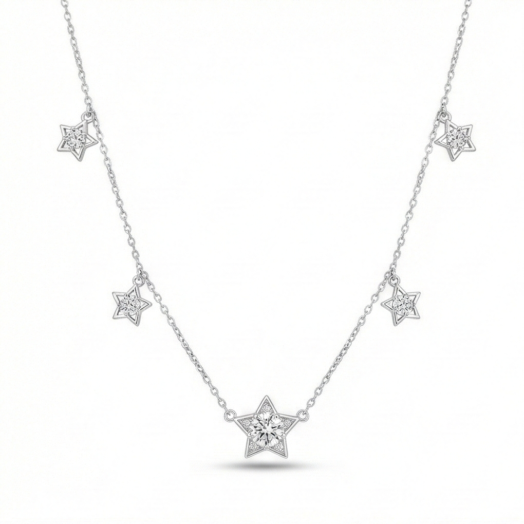 AGOR 925 Sterling Silver Celestial 5 Star Charm Necklace, Silver Finish Pendant Jewellery for Girls