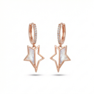 AGOR 925 Sterling Silver Rose Gold Plated Star Huggie Hoop Earrings, Dangle Charm Jewellery for Women