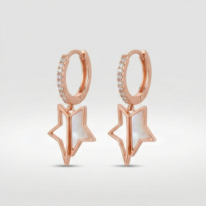 AGOR 925 Sterling Silver Rose Gold Plated Star Huggie Hoop Earrings, Dangle Charm Jewellery for Women