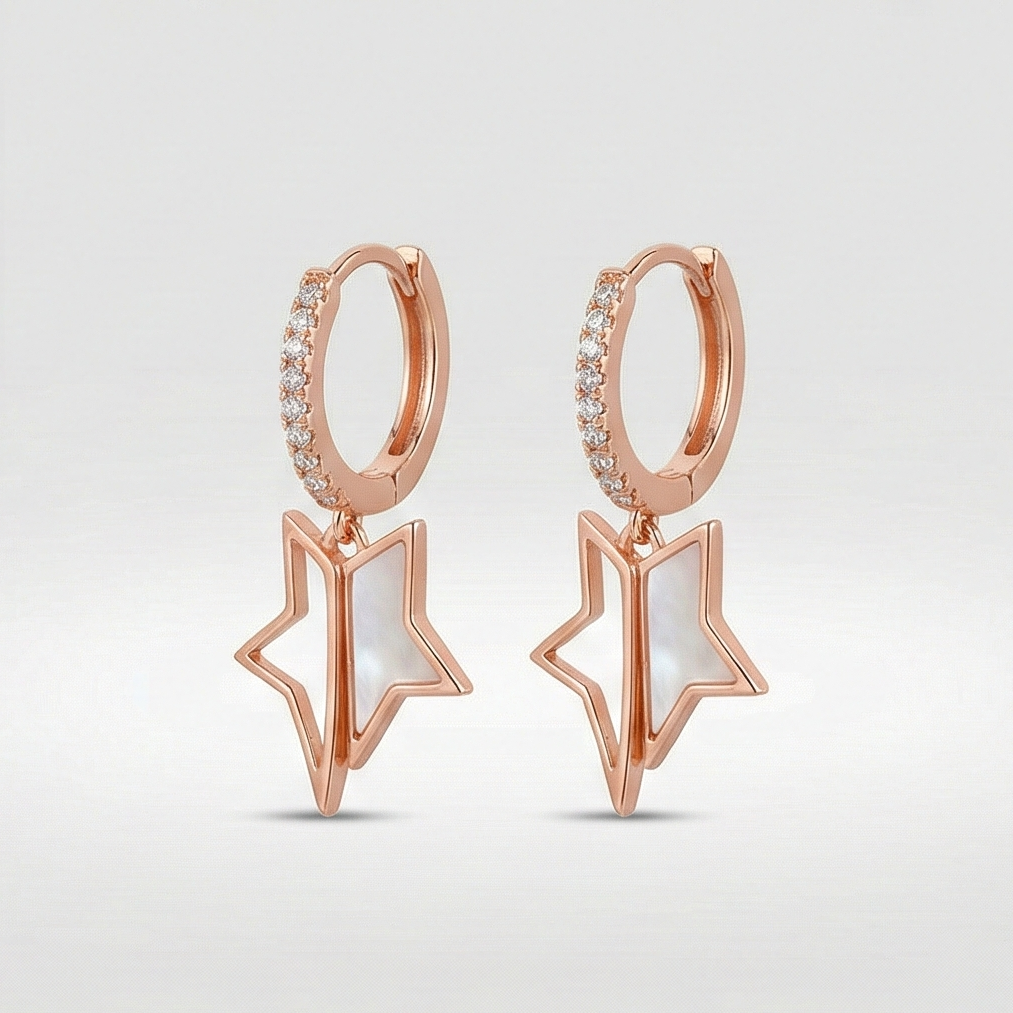 AGOR 925 Sterling Silver Rose Gold Plated Star Huggie Hoop Earrings, Dangle Charm Jewellery for Women