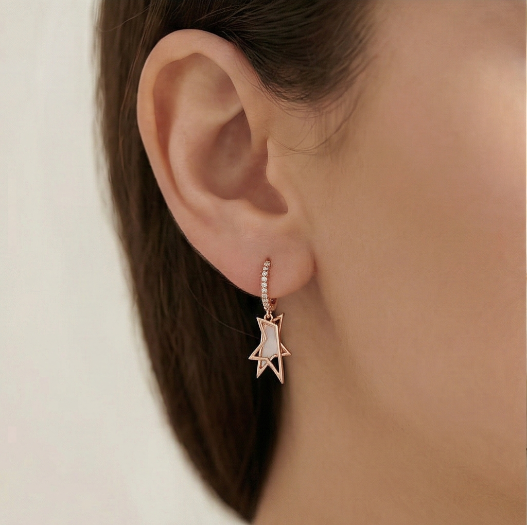 AGOR 925 Sterling Silver Rose Gold Plated Star Huggie Hoop Earrings, Dangle Charm Jewellery for Women