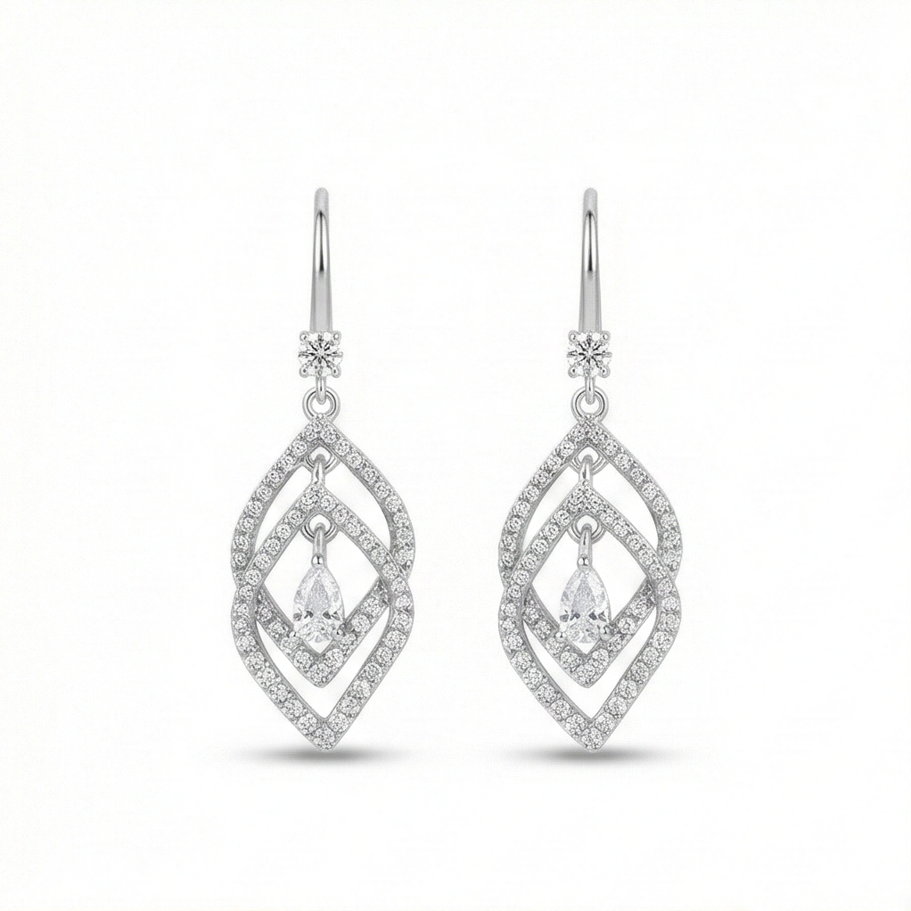 AGOR 925 Sterling Silver Geometric Designed Drop Earrings, Rhodium Plated Dangle Jewellery for Women