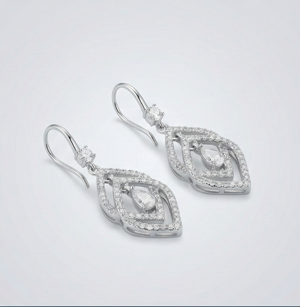 AGOR 925 Sterling Silver Geometric Designed Drop Earrings, Rhodium Plated Dangle Jewellery for Women