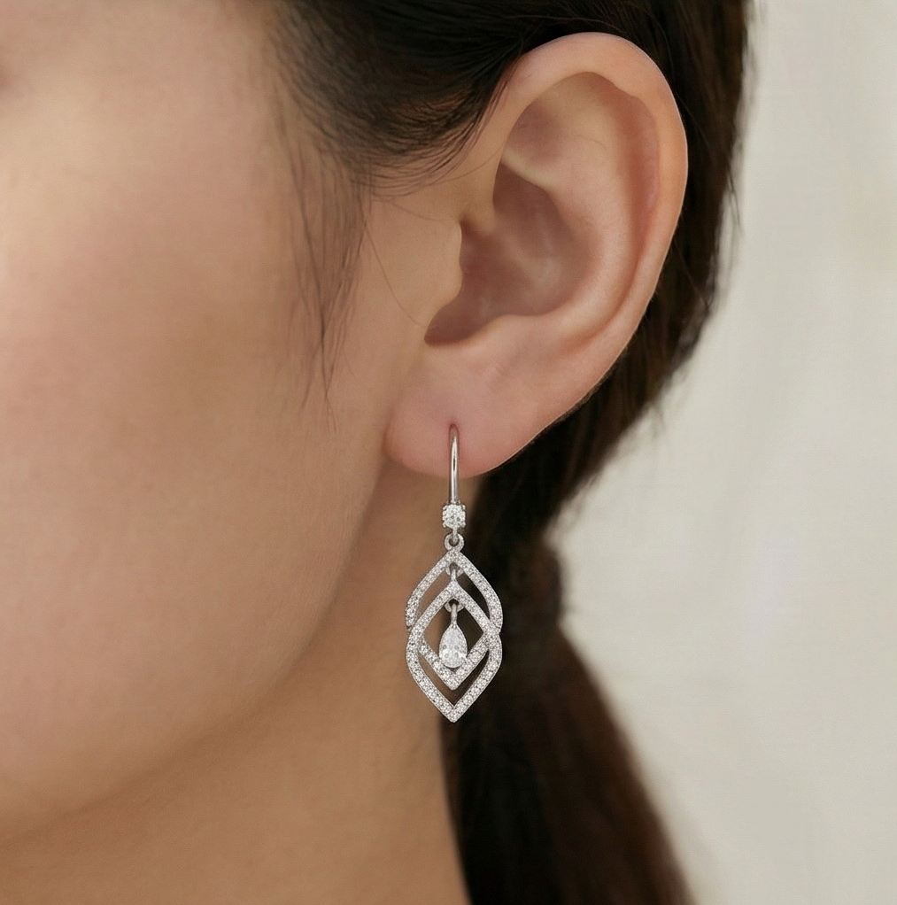 AGOR 925 Sterling Silver Geometric Designed Drop Earrings, Rhodium Plated Dangle Jewellery for Women