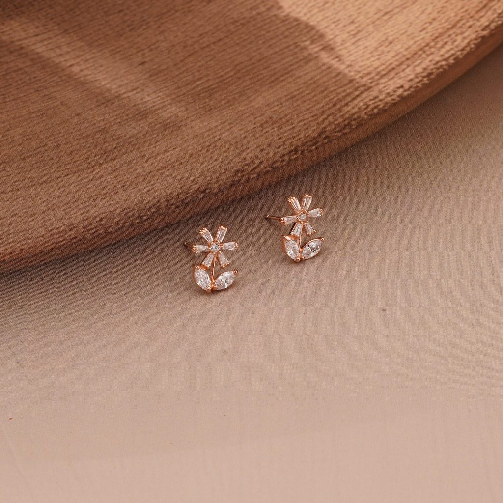 AGOR 925 Sterling Silver Rose Gold Plated Floral Stud Earrings, Nature Inspired Jewellery for Women