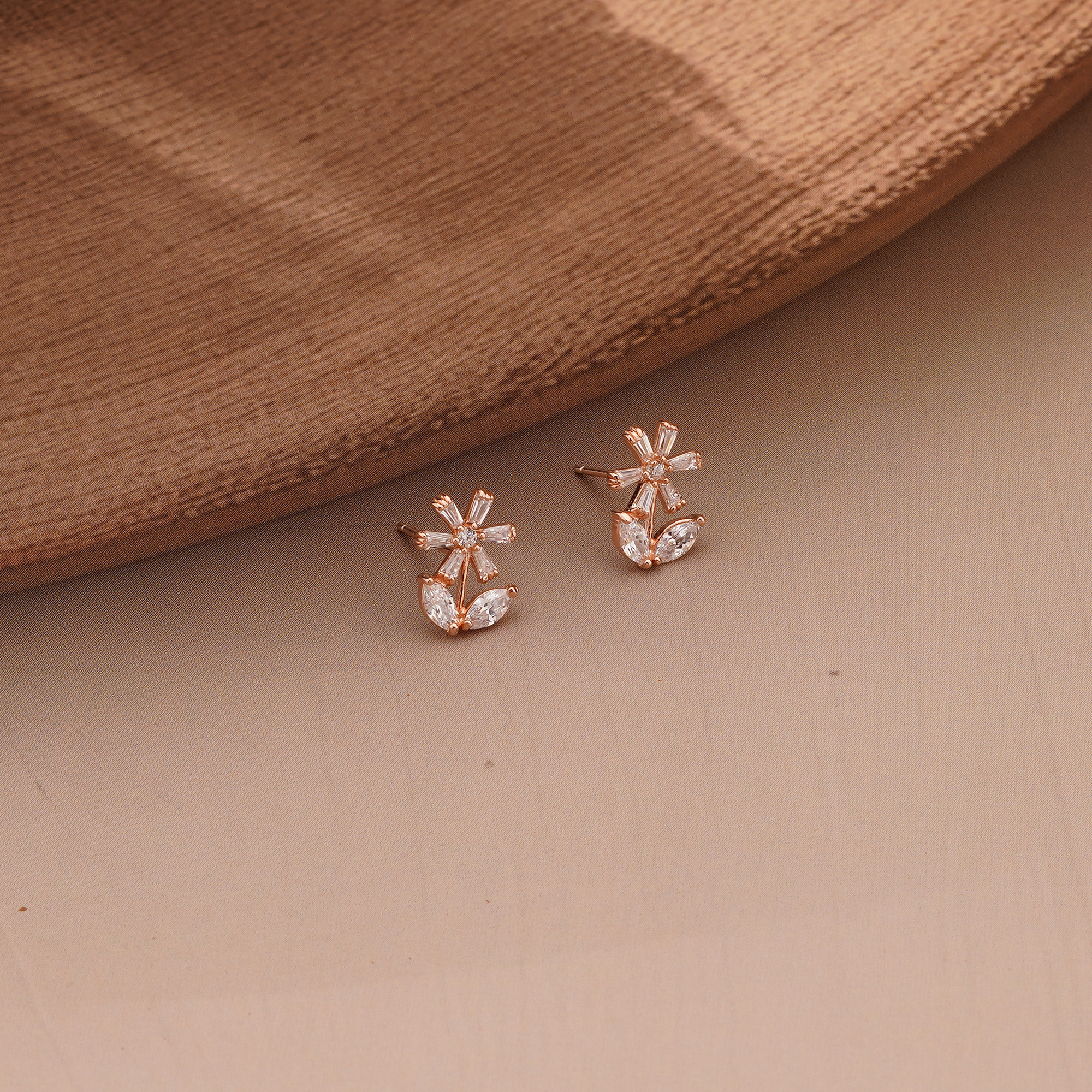AGOR 925 Sterling Silver Rose Gold Plated Floral Stud Earrings, Nature Inspired Jewellery for Women