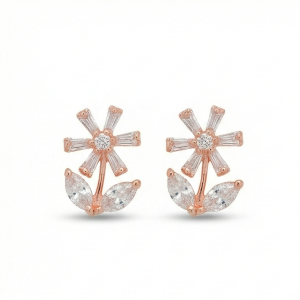 AGOR 925 Sterling Silver Rose Gold Plated Floral Stud Earrings, Nature Inspired Jewellery for Women