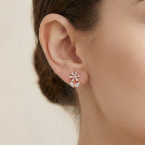 AGOR 925 Sterling Silver Rose Gold Plated Floral Stud Earrings, Nature Inspired Jewellery for Women