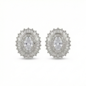 AGOR 925 Sterling Silver Oval Halo Stud Earrings, Rhodium Plated Statement Jewellery for Women