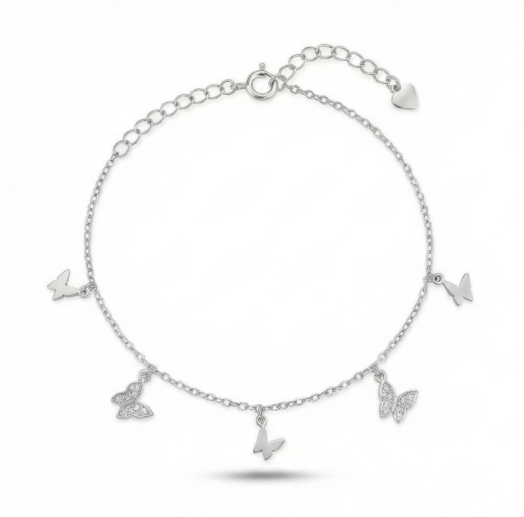 AGOR 925 Sterling Silver Butterfly Charm Bracelet for Women, High Polish Silver Finish Fashion Jewellery