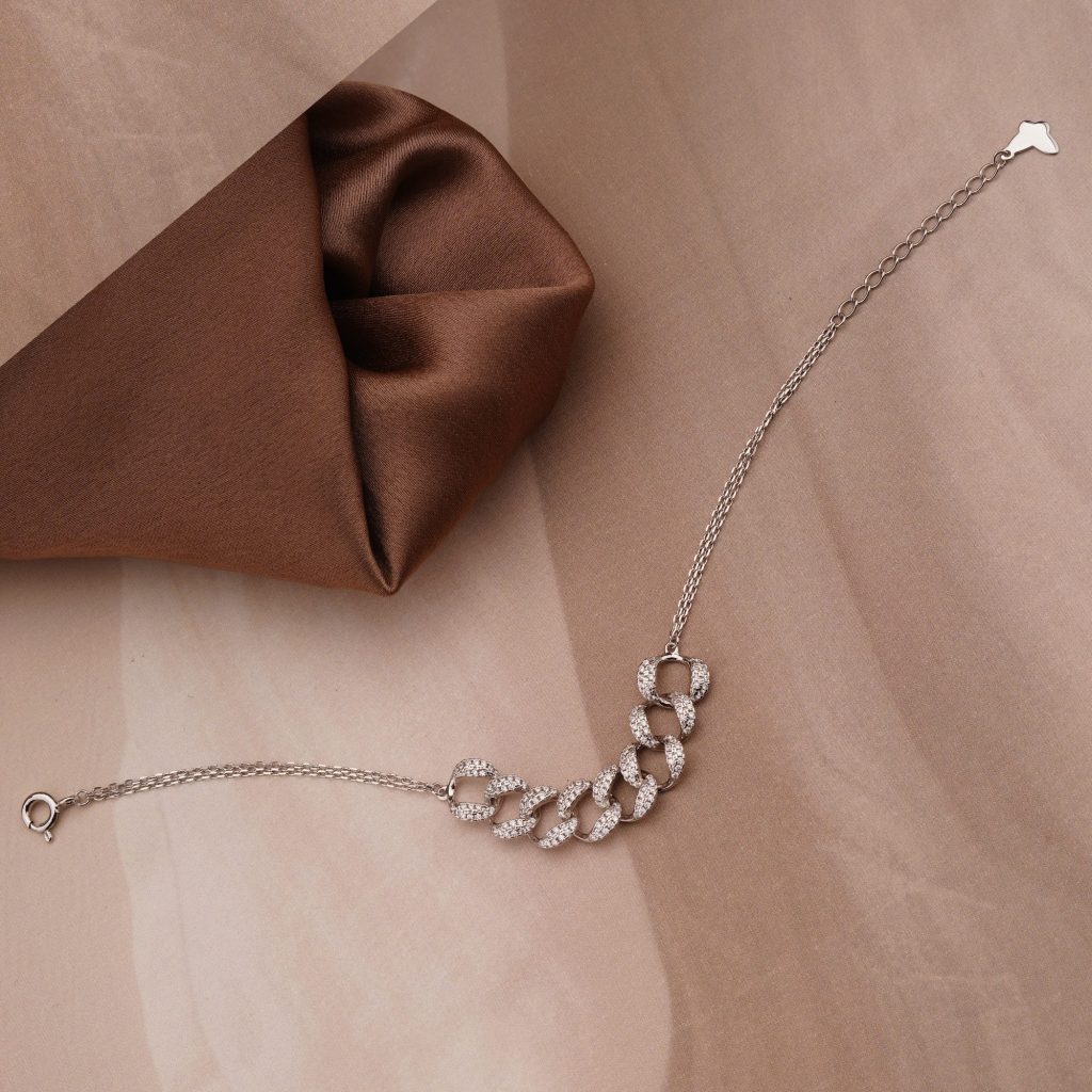 AGOR 925 Sterling Silver Paved Chain Link Bracelet, Silver Finish Modern Jewellery for Women