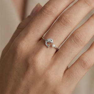 AGOR 925 Sterling Silver Dolphin and Pearl Adjustable Ring, Rhodium Plated Open Jewellery for Girls