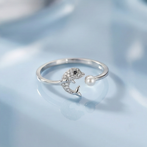 AGOR 925 Sterling Silver Dolphin and Pearl Adjustable Ring, Rhodium Plated Open Jewellery for Girls