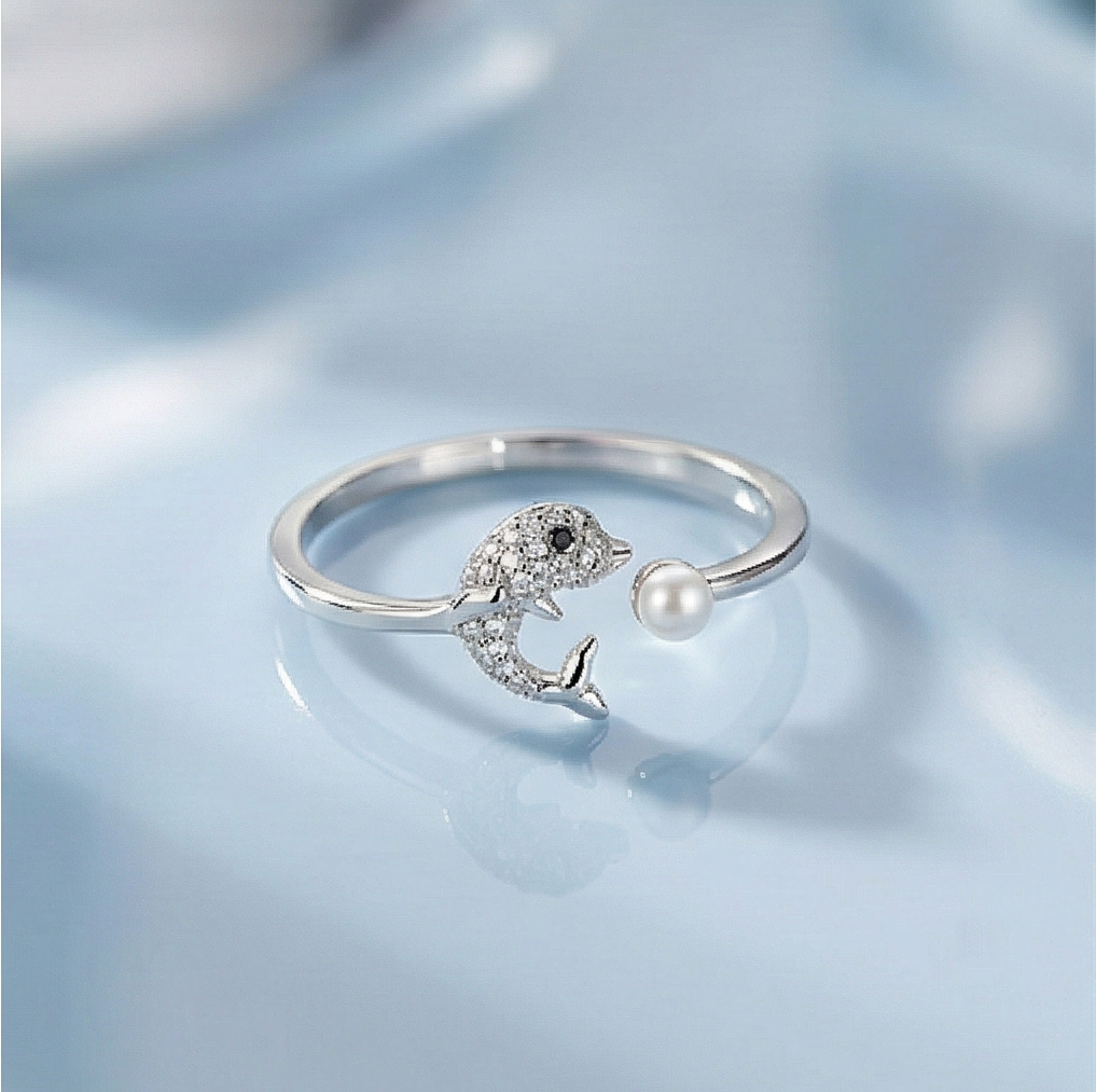 AGOR 925 Sterling Silver Dolphin and Pearl Adjustable Ring, Rhodium Plated Open Jewellery for Girls