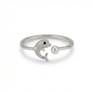 AGOR 925 Sterling Silver Dolphin and Pearl Adjustable Ring, Rhodium Plated Open Jewellery for Girls