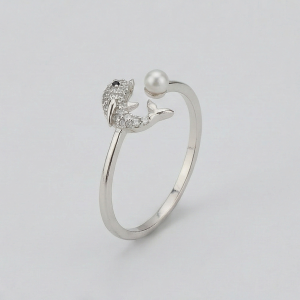 AGOR 925 Sterling Silver Dolphin and Pearl Adjustable Ring, Rhodium Plated Open Jewellery for Girls