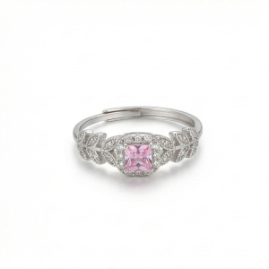 AGOR 925 Sterling Silver Pink Cushion Stone Ring, Rhodium Plated Leaf Design Jewellery for Women