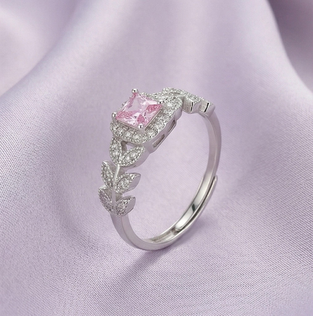 AGOR 925 Sterling Silver Pink Cushion Stone Ring, Rhodium Plated Leaf Design Jewellery for Women