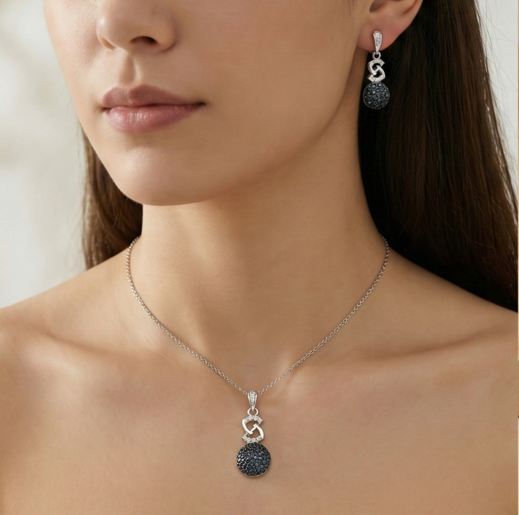 AGOR 925 Sterling Silver Black Stone Infinity Drop Pendant Set Rhodium Finish Jewellery