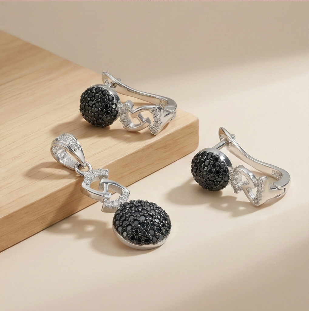 AGOR 925 Sterling Silver Black Stone Infinity Drop Pendant Set Rhodium Finish Jewellery
