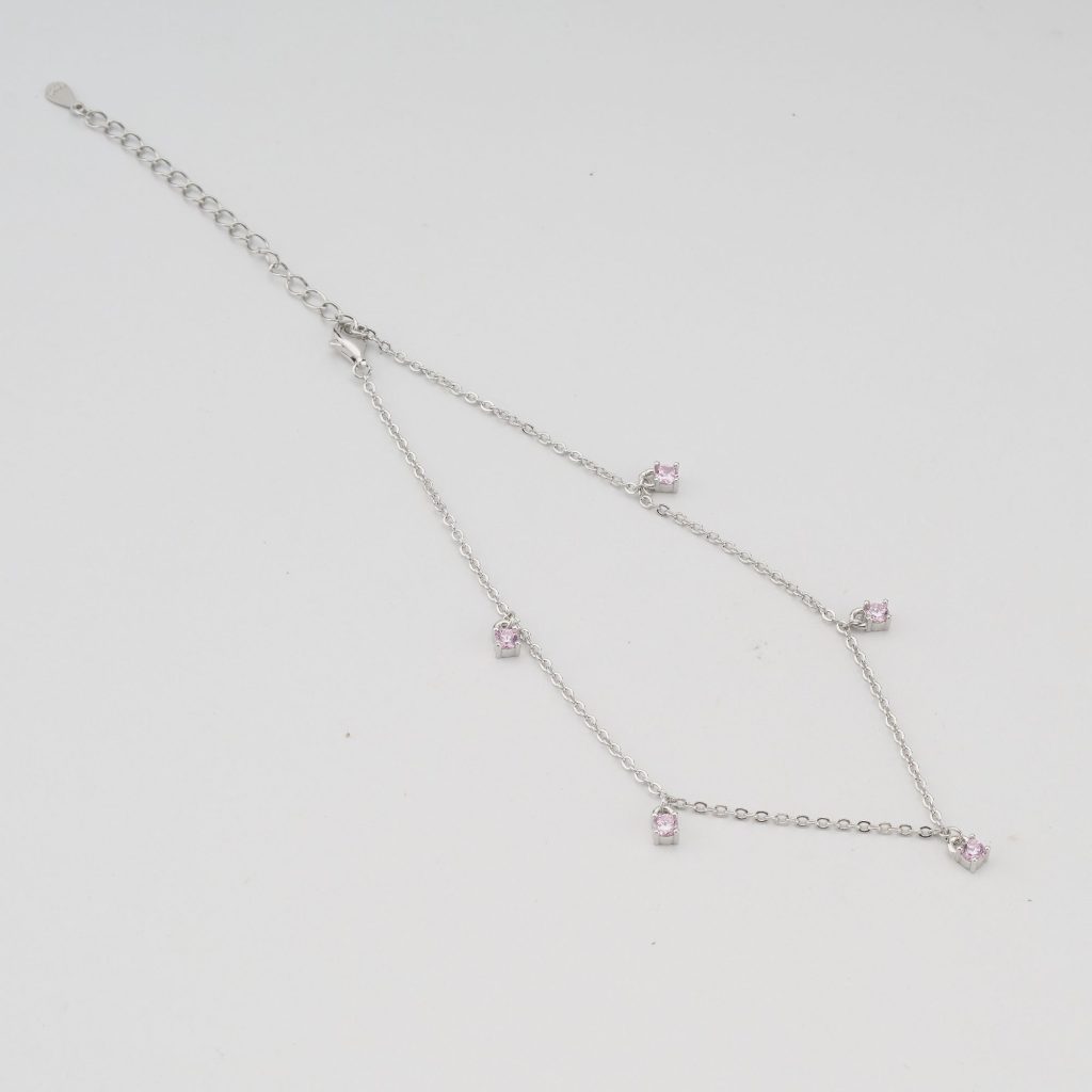 AGOR 925 Sterling Silver Pink Stone Charm Anklet for Women, Dainty Foot Jewellery