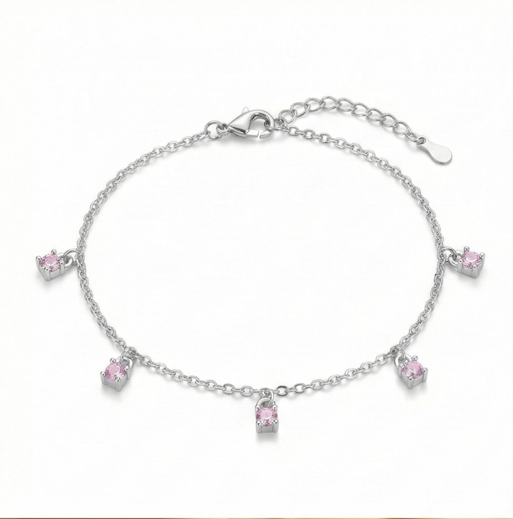 AGOR 925 Sterling Silver Pink Stone Charm Anklet for Women, Dainty Foot Jewellery