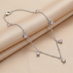 AGOR 925 Sterling Silver Pink Stone Charm Anklet for Women, Dainty Foot Jewellery